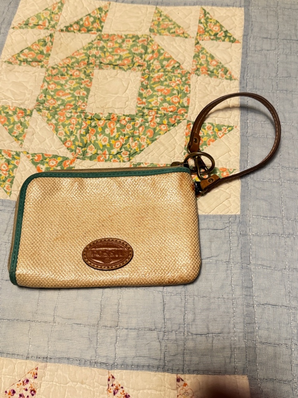 Fossil Straw Wristlet with Green Trim Black Dots and Brown Leather Strap